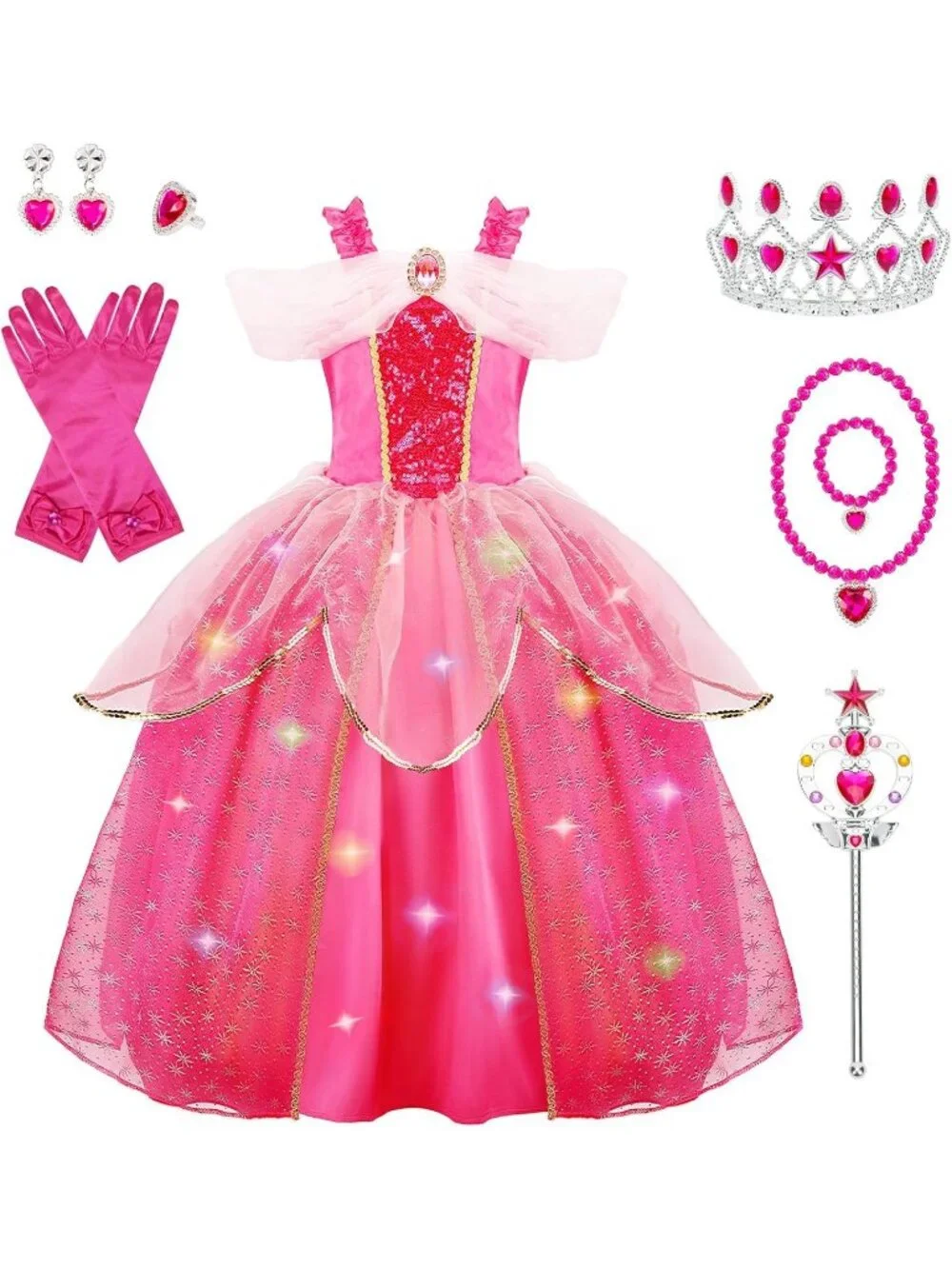 Pink Light Up Princess Dress Costume for Girls 3-10 Halloween Birthday Party